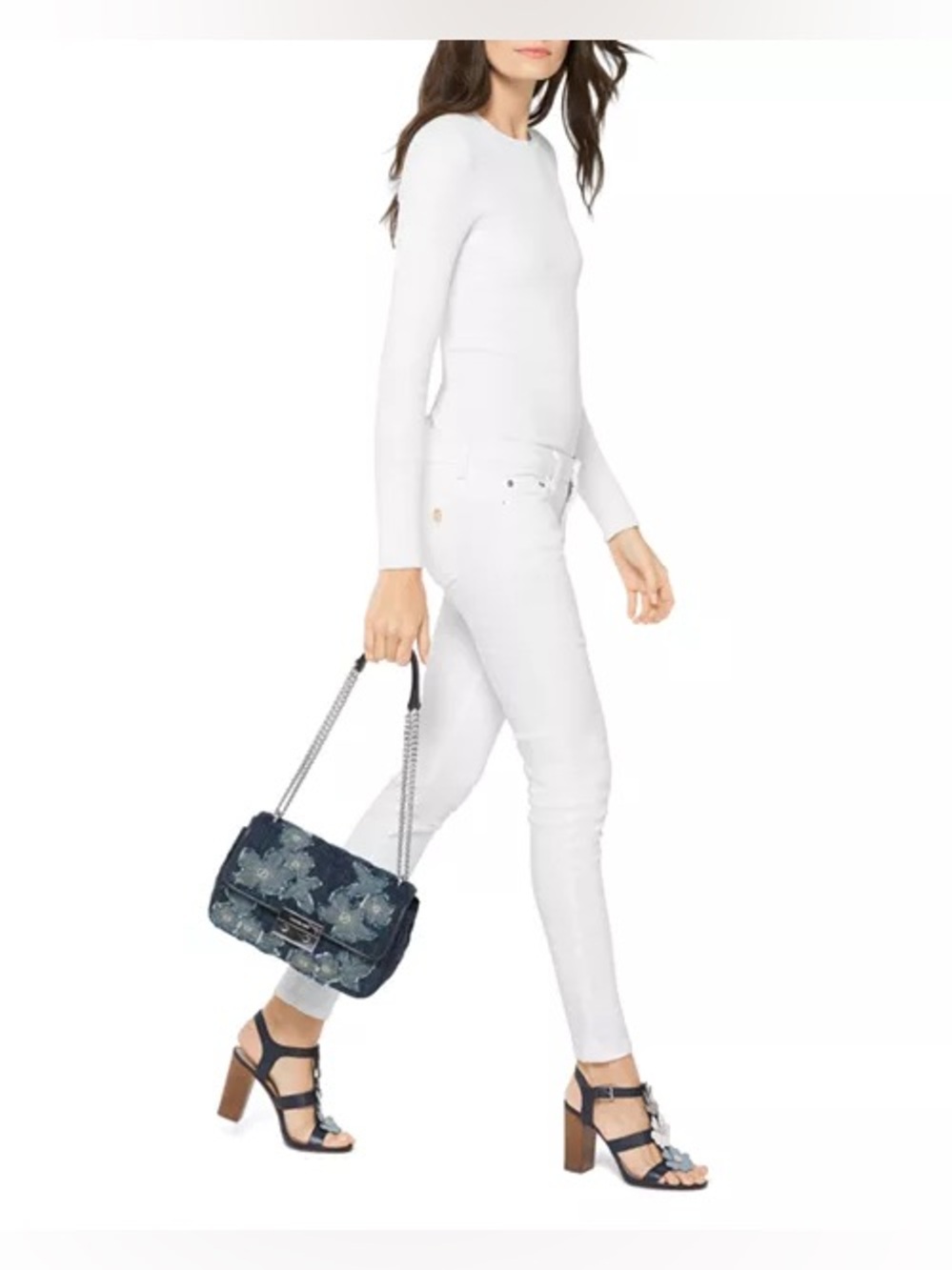 Michael Kors Denim Floral Embroidered Chain Shoulder Bag -